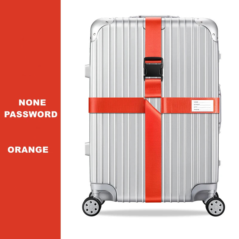 Silver rolling suitcase with an orange cross strap and belt visible on the side.