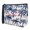 Bolsa cosmética azul marino con fondo blanco y patrón repetitivo de palmeras y texto tropical.