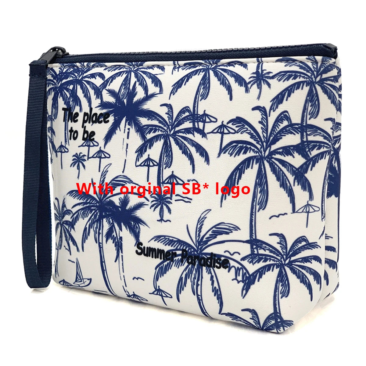 Bolsa cosmética azul marino con fondo blanco y patrón repetitivo de palmeras y texto tropical.