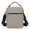 A beige and brown patterned men's crossbody sling bag with black strap.