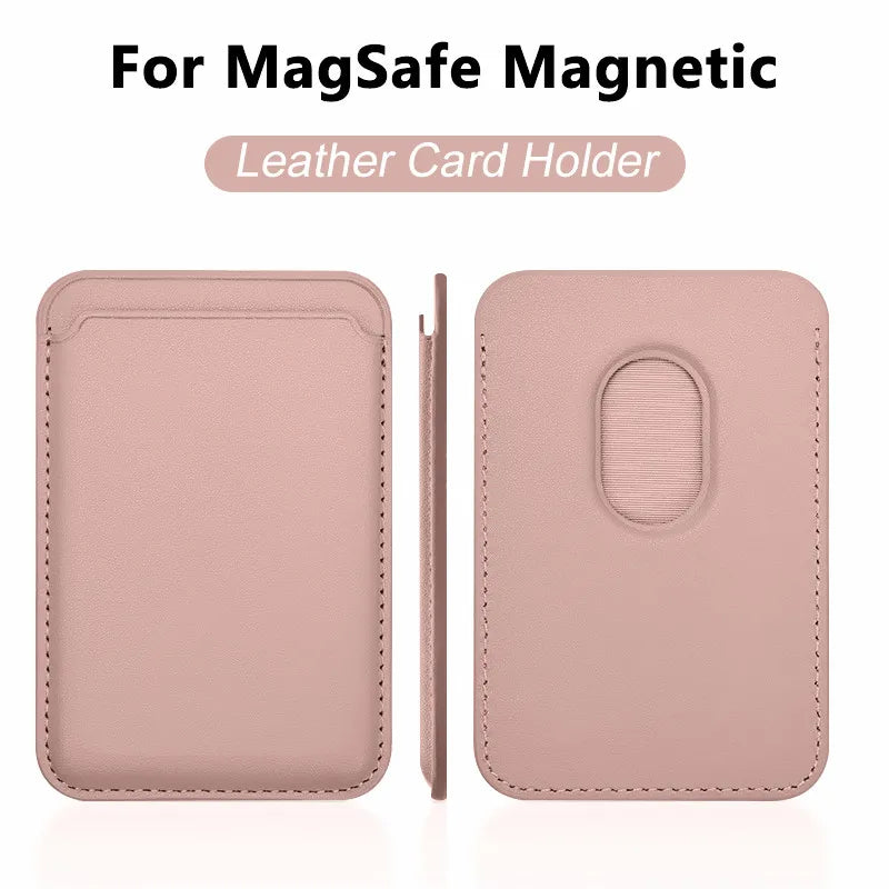 A pink leather card holder for MagSafe magnetic accessories shown in two views.