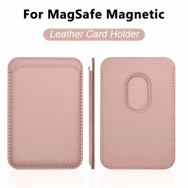 A pink leather card holder for MagSafe magnetic accessories shown in two views.
