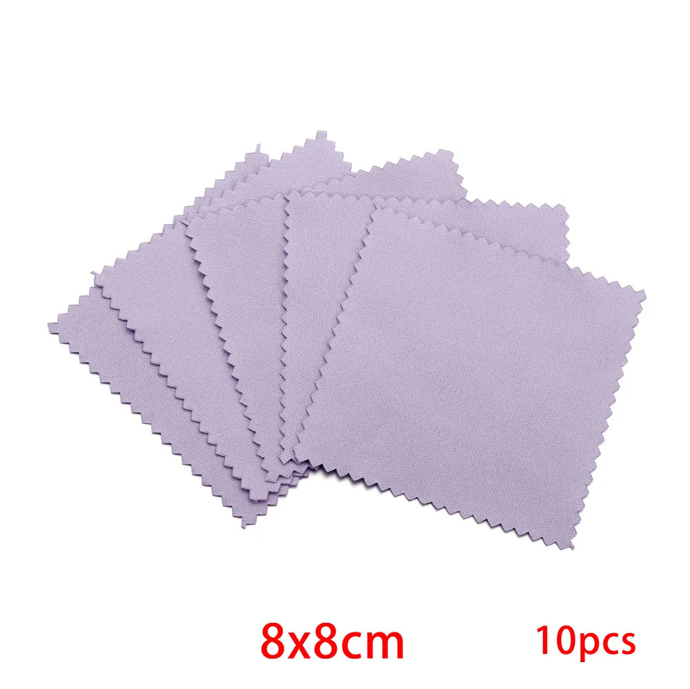 A stack of ten purple polishing cloths, measuring 8x8cm each.