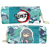 A teal and dark blue patterned PU leather pencil case featuring a Demon Slayer character design.