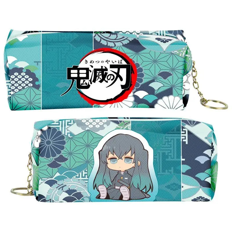 A teal and dark blue patterned PU leather pencil case featuring a Demon Slayer character design.