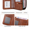 A brown RFID shielded bi-fold wallet with a zipper closure showing various card slots and storage options.