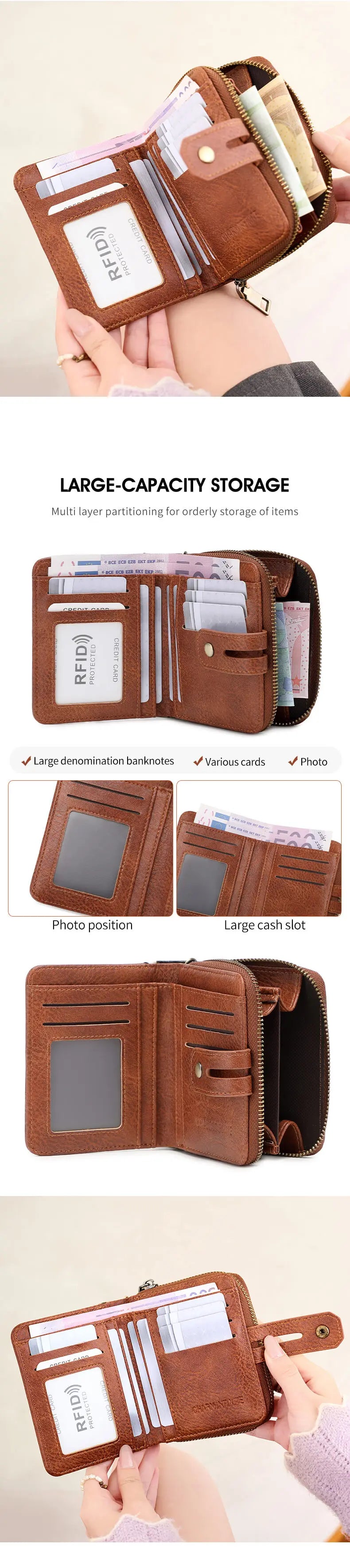 A brown RFID shielded bi-fold wallet with a zipper closure showing various card slots and storage options.