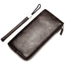 A black PU leather men's clutch wallet with a leather strap and zipper.
