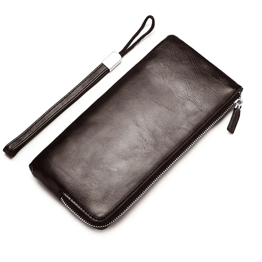 A black PU leather men's clutch wallet with a leather strap and zipper.