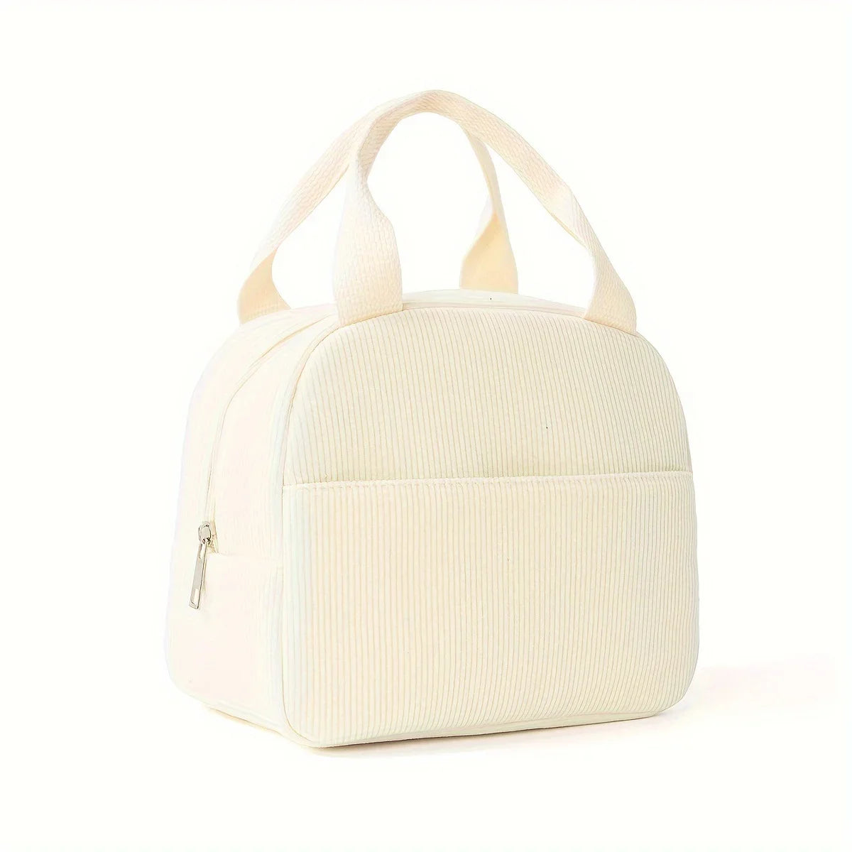 A cream-colored reusable thermal insulated bento bag with light beige fabric handles.