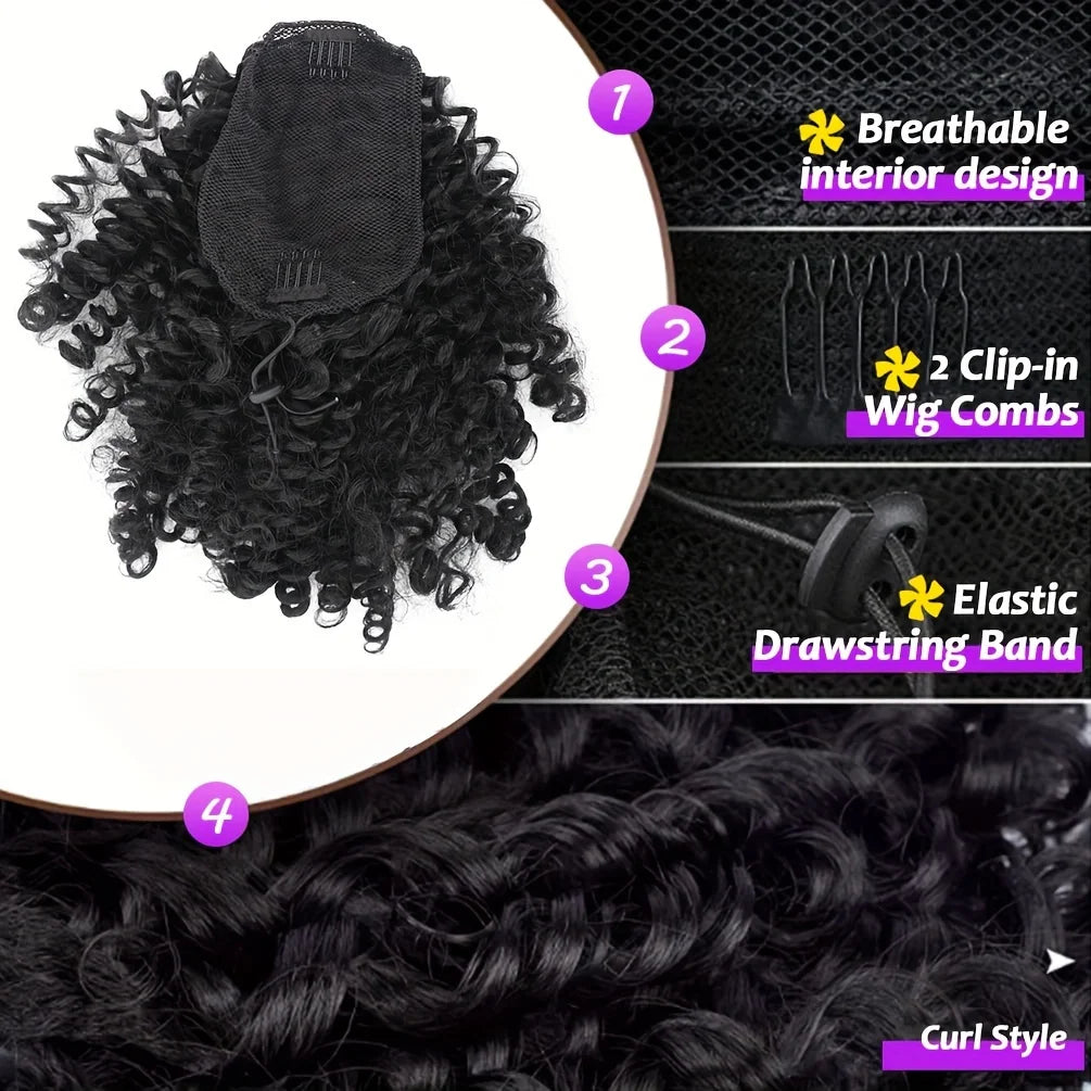 Black kinky curly drawstring hair extensions with clip-in combs and elastic band
