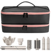 A black double-layer storage case for a hair dryer and accessories, shown with the device and various attachments.