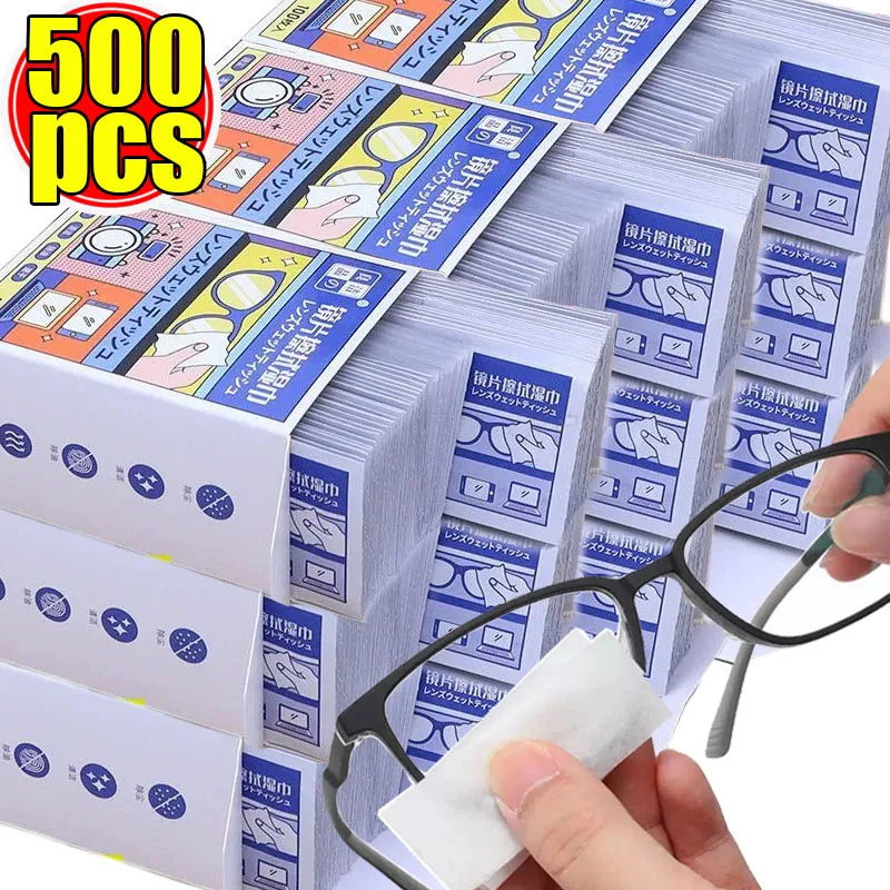 صندوق من 500 مناديل تنظيف عدسات حماية ضد الضباب للشاشات بجوار نظارة ومنديل أبيض