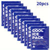 A stack of 20 blue reusable ice pack cooler bags labeled for long lasting cold storage.