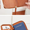 A brown leather RFID-blocking passport wallet with a zipper closure is shown being held by a hand.
