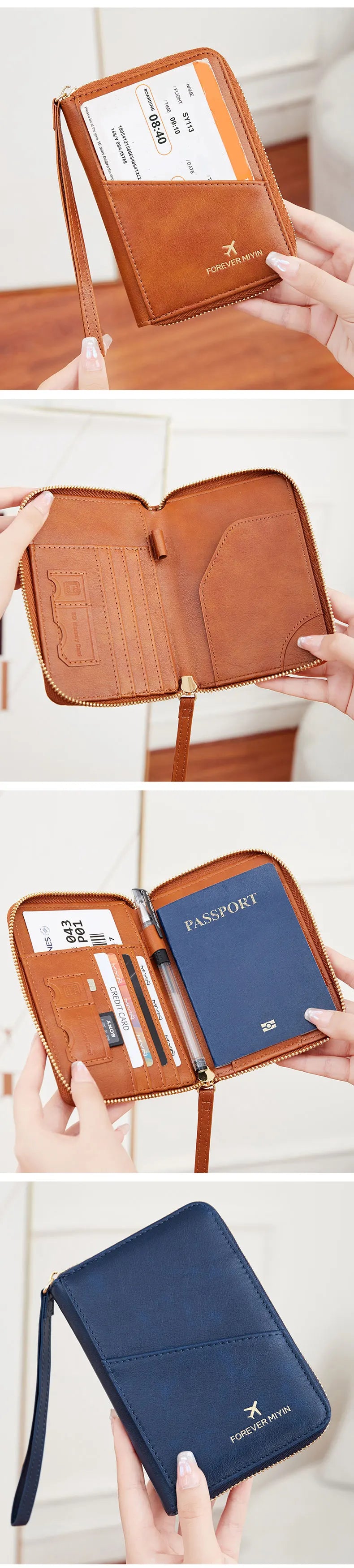 A brown leather RFID-blocking passport wallet with a zipper closure is shown being held by a hand.