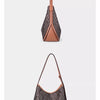 A brown geometric embroidery hobo shoulder bag with a long strap shown against a light background.