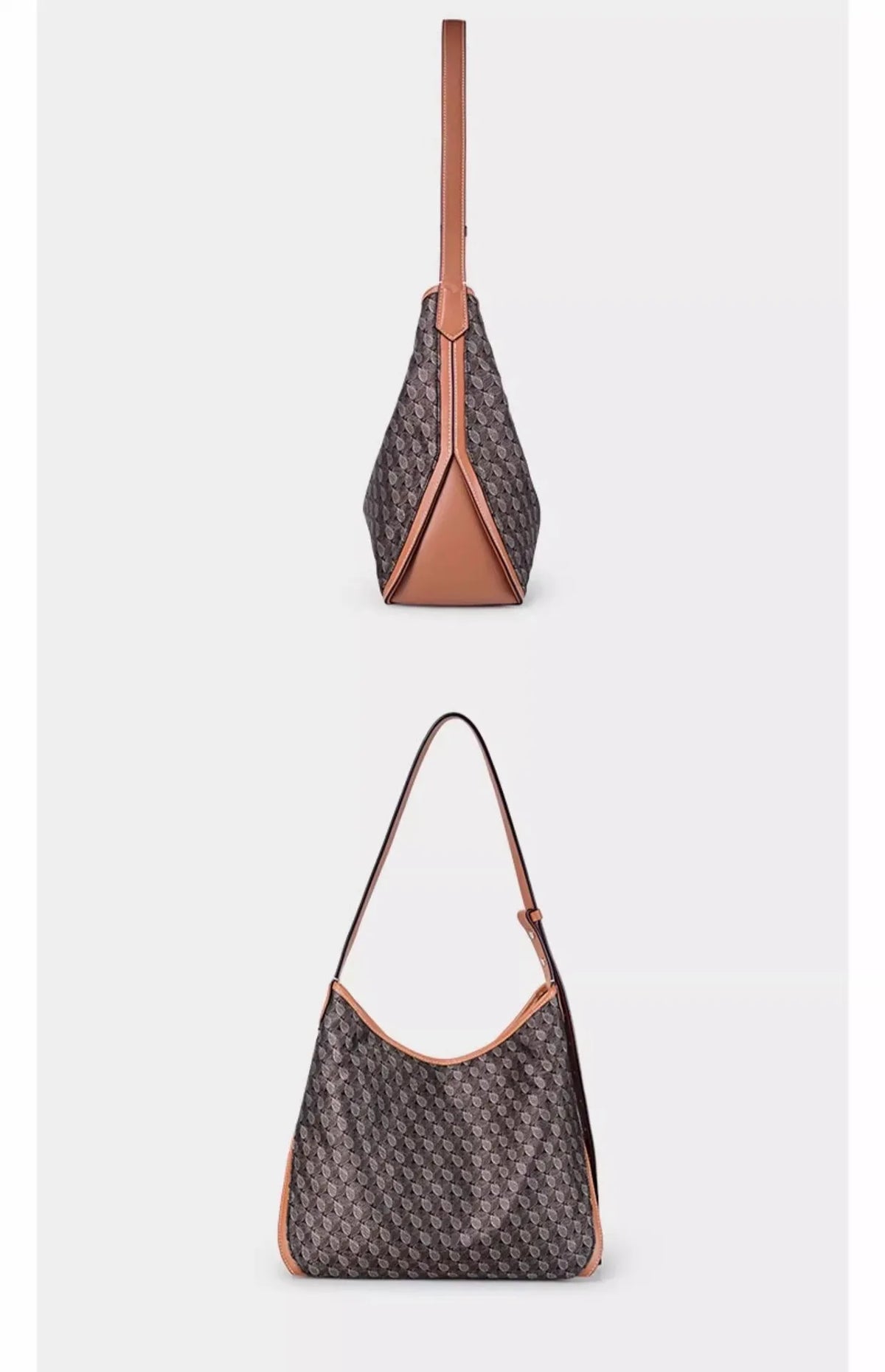 A brown geometric embroidery hobo shoulder bag with a long strap shown against a light background.