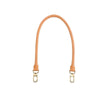 A curved, light tan cowhide leather shoulder strap with metal hardware.