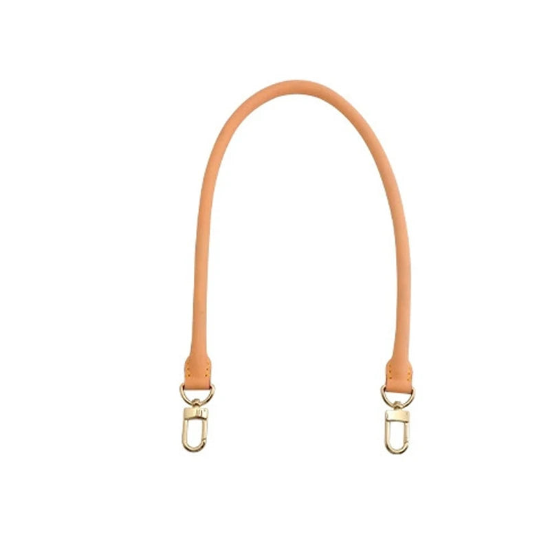 A curved, light tan cowhide leather shoulder strap with metal hardware.
