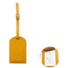 A yellow PU leather luggage tag with a silver clasp and a white identification card inside.