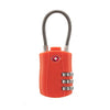 An orange cable lock with a silver handle and three dials for luggage security.