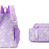 A purple multi-compartment casual backpack with a scale pattern and purple accents.