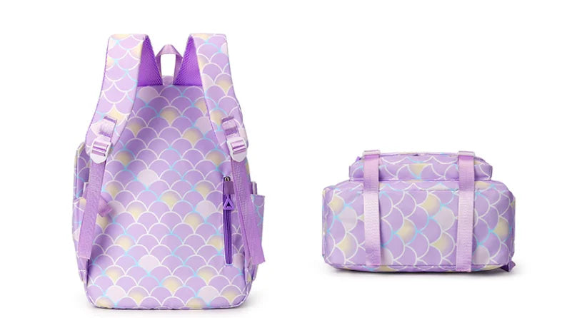 A purple multi-compartment casual backpack with a scale pattern and purple accents.