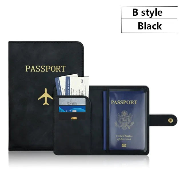 Black B style passport and ID holder cover with a passport and credit cards inside