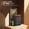 A black slim leather wallet is shown next to a smartphone, highlighting its design features.
