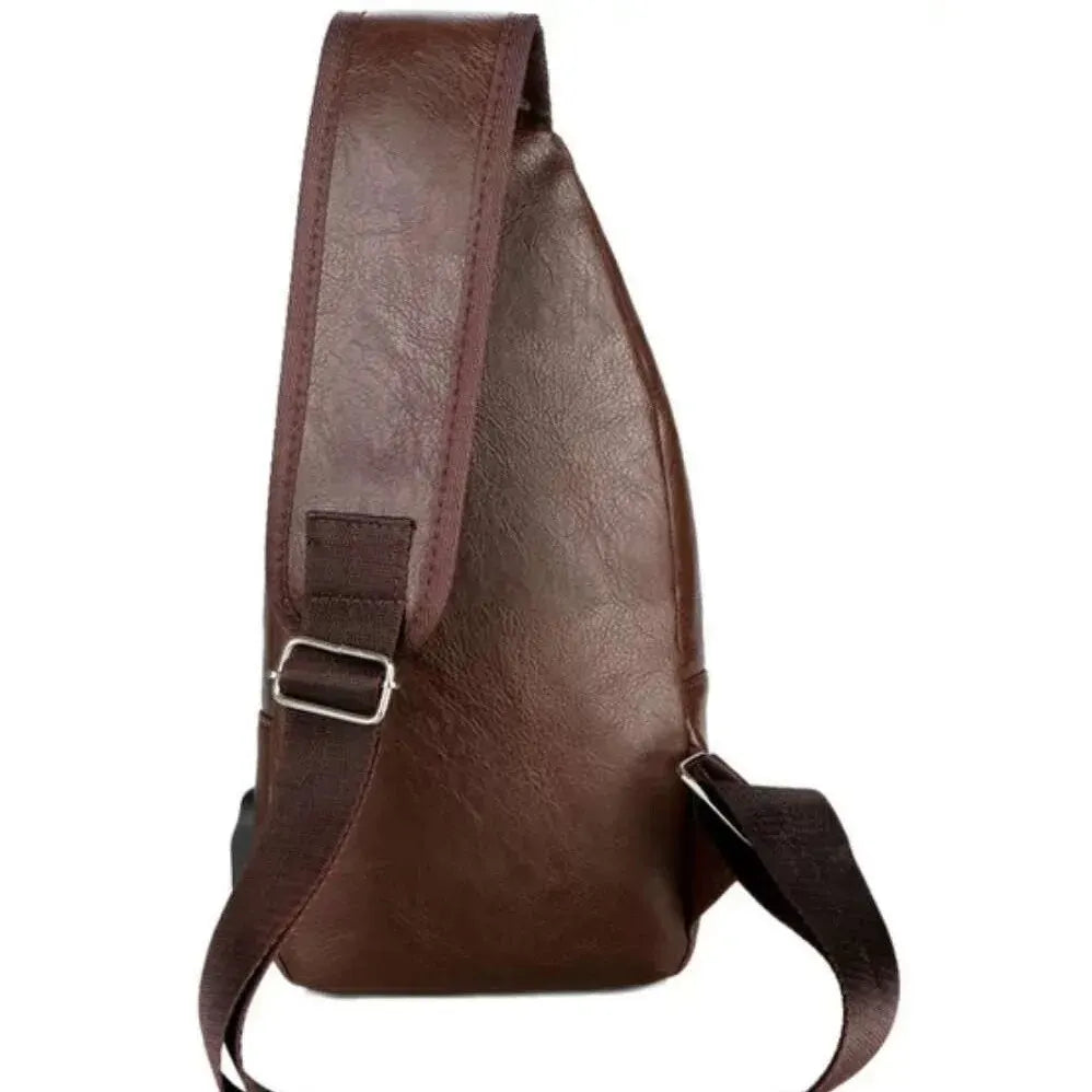 A brown leather men's casual crossbody chest bag with a strap and USB charging port.