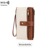 Cartera de cuero marrón y blanco para mujer con bloqueo RFID, cierre de cremallera y correa de cuero.