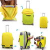 Yellow and lime green luggage with stretch fabric protector covers shown in various angles