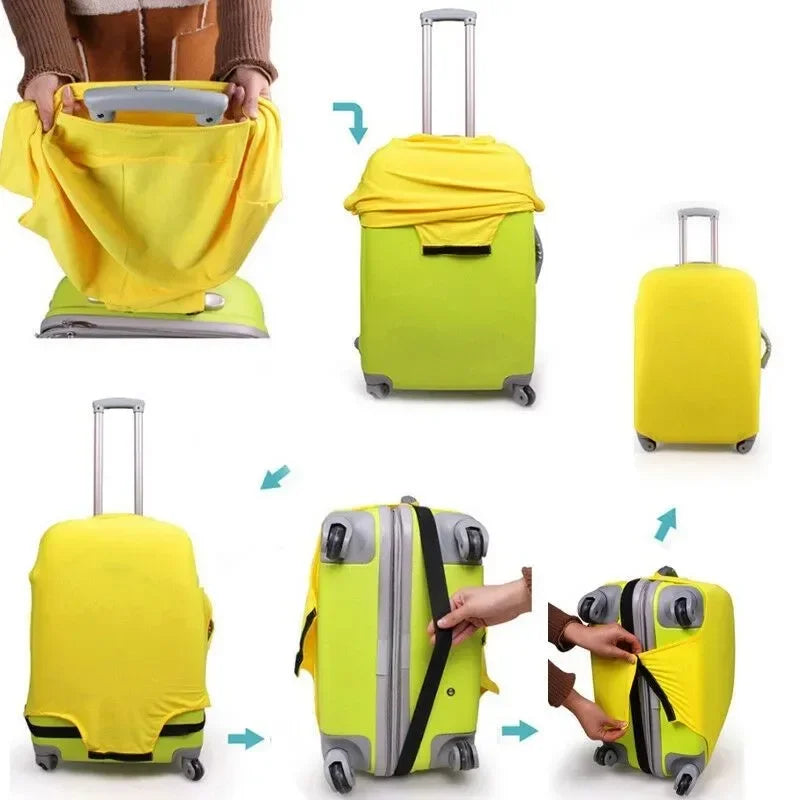 Yellow and lime green luggage with stretch fabric protector covers shown in various angles