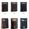 A set of four minimalist slim wallets in Plain Orange, Plain Black, Plain Blue, Carbon Fiber Orange, Carbon Fiber Black, and 