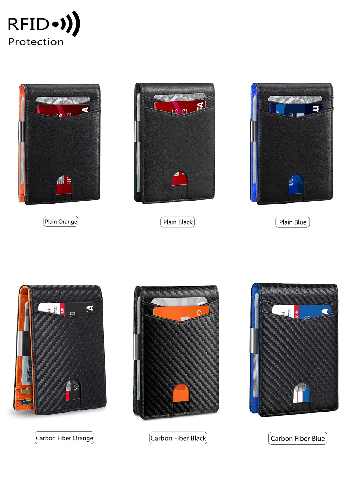 A set of four minimalist slim wallets in Plain Orange, Plain Black, Plain Blue, Carbon Fiber Orange, Carbon Fiber Black, and 