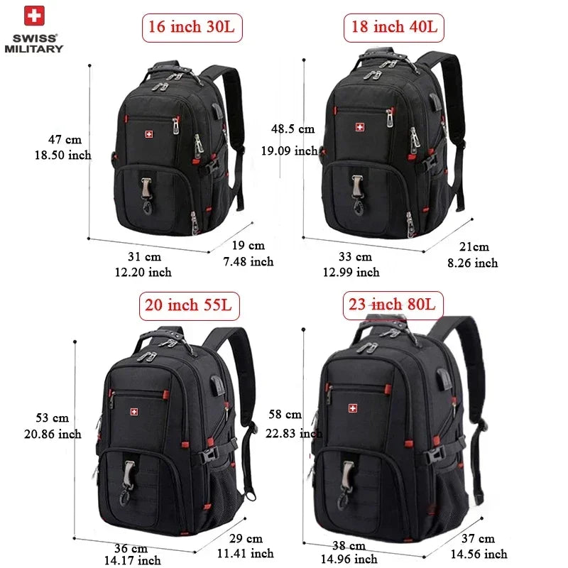A collection of Swiss Military style laptop backpacks in various sizes including 16 inch, 18 inch, 20 inch, and 23 inch model