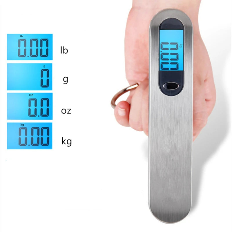 A hand holds a silver portable digital luggage scale displaying various weight measurements like lb, g, oz, and kg.