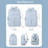 Light blue women's laptop backpack shown in size reference with large and small options.