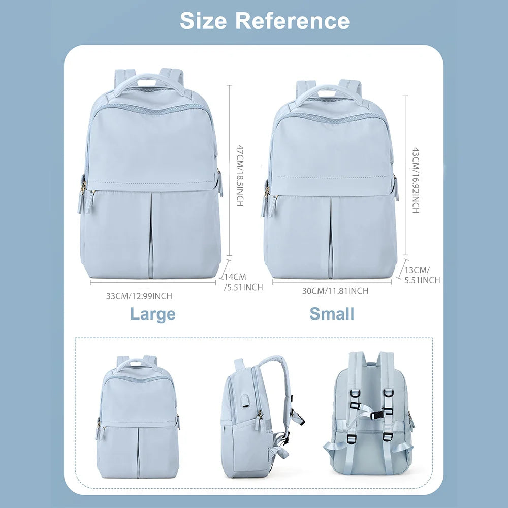 Light blue laptop backpack shown in size reference with large and small versions.
