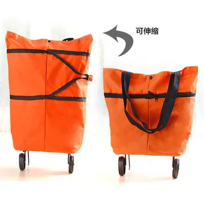 Orange folding shopping trolley bag with black straps and wheels