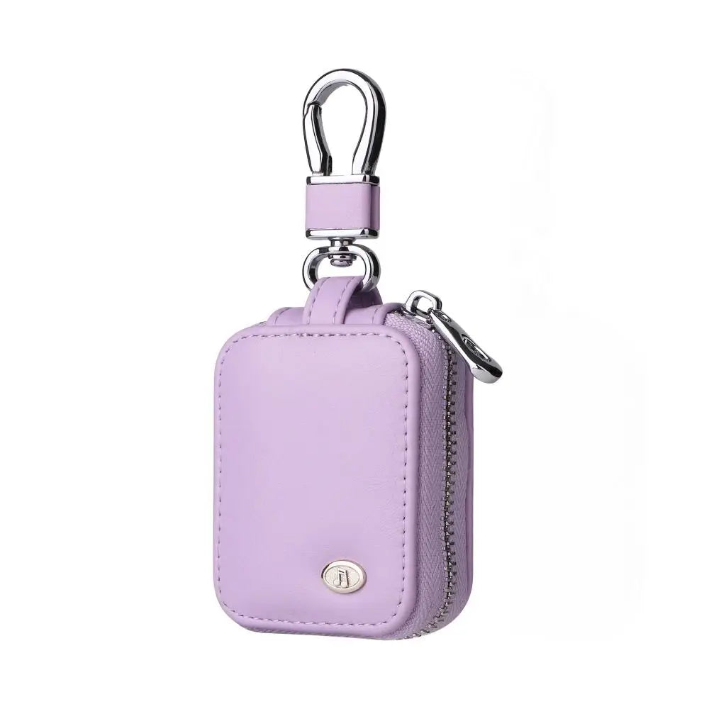 A small lavender protective case with a silver clasp and keyring for earphones.