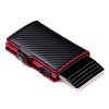A black carbon fiber RFID pop-up card holder with a red accent.