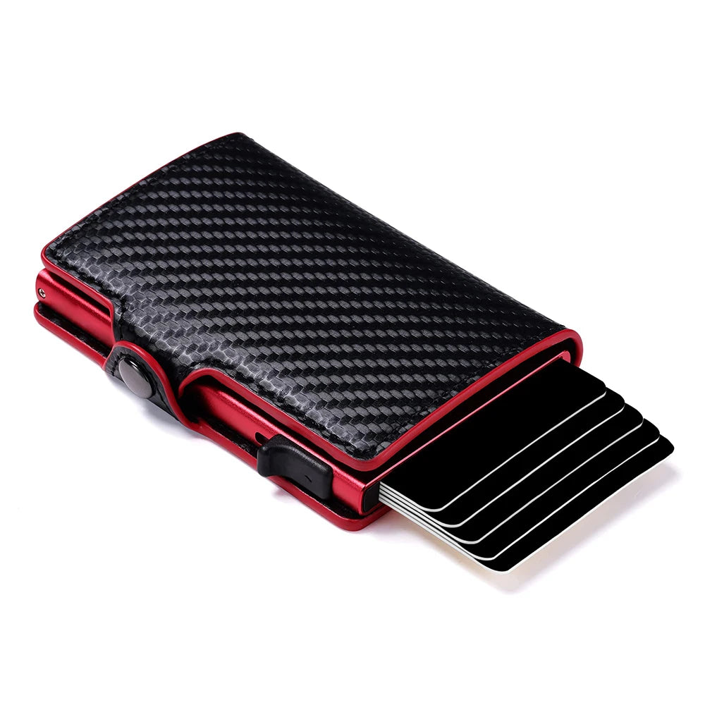 A black carbon fiber RFID pop-up card holder with a red accent.