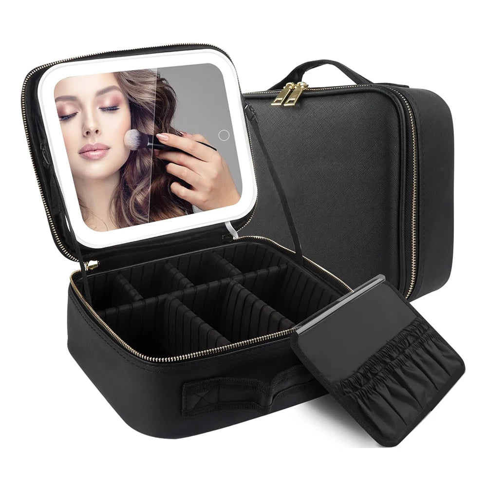 Black LED lighted makeup train case with adjustable dividers and a makeup brush inside
