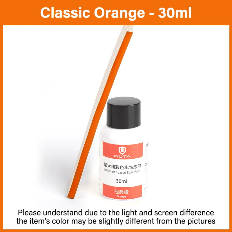 Bouteille de peinture à bords huileuse Classic Orange à base d'eau avec bâton applicateur en bois.