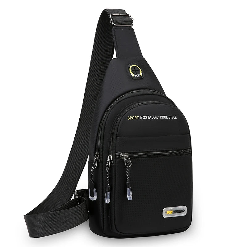 Black men's casual multi-pocket shoulder bag with a strap and logo tag