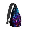 A purple and blue butterfly cartoon crossbody chest bag with a black strap.
