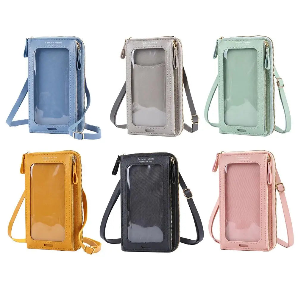 Ein Set von fünf farbigen Touchscreen-Crossbody-Handytaschen in Blau, Grau, Mintgrün, Gelb und Pink.