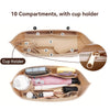 A beige felt purse organizer insert set showing 10 compartments and a cup holder feature.